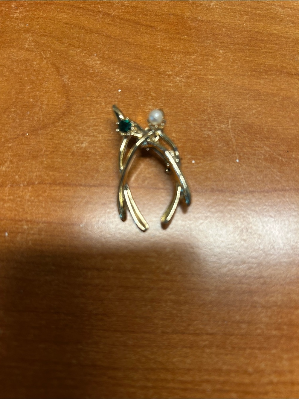 Sarah Coventry Gold-Tone Wishbone Brooch with Green Stone and Pearl